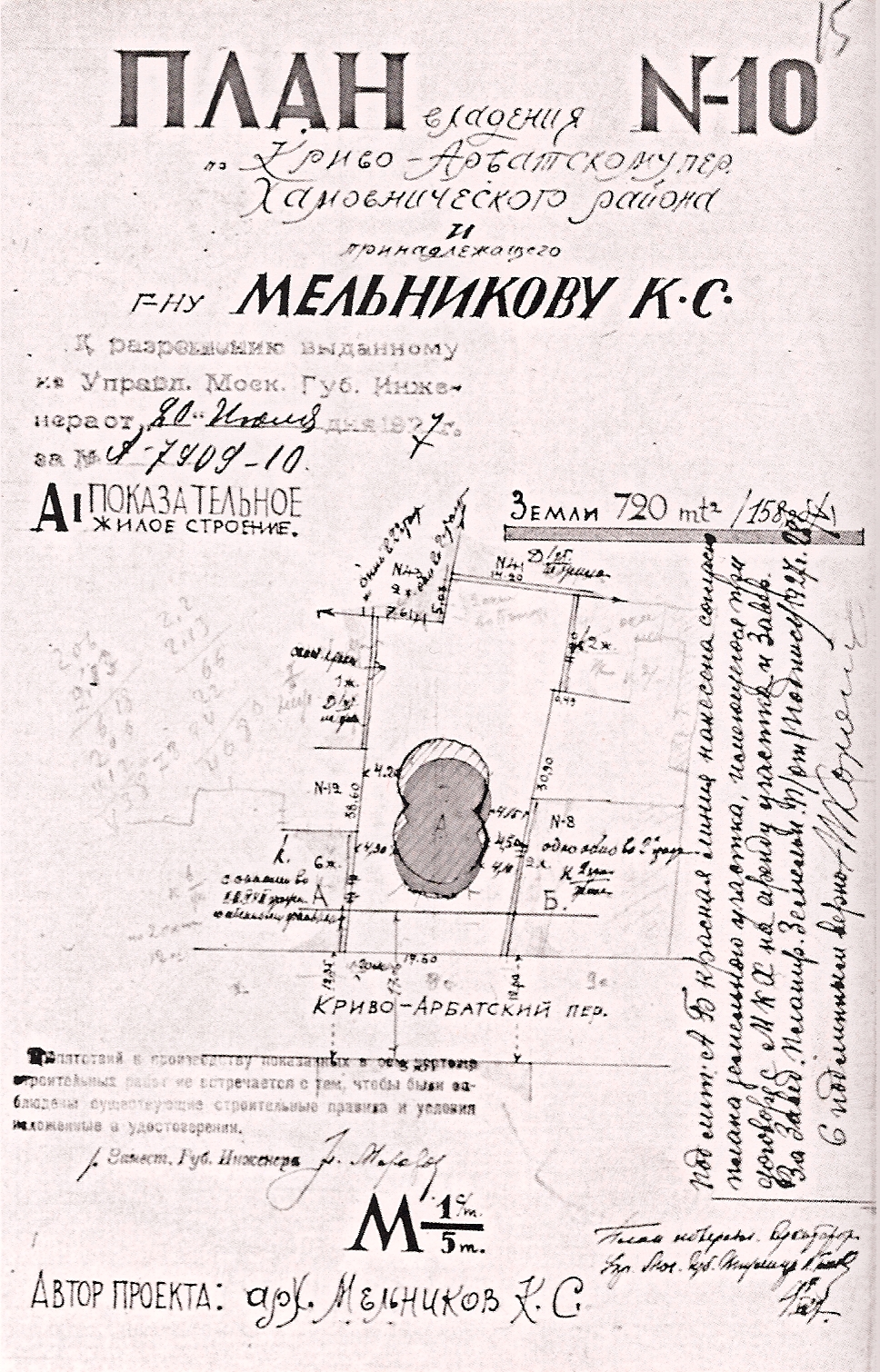 Plano esquemático del terreno con firmas y anotaciones de K. Melnikov.