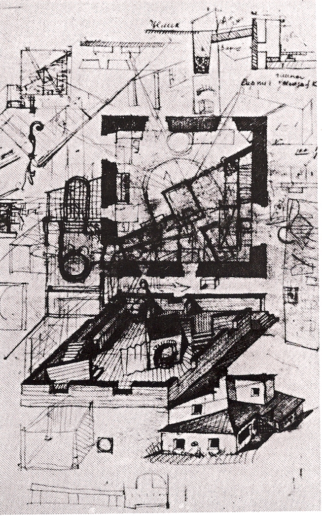 Boceto de una casa-taller cuadrada en planta, años 1920-1921